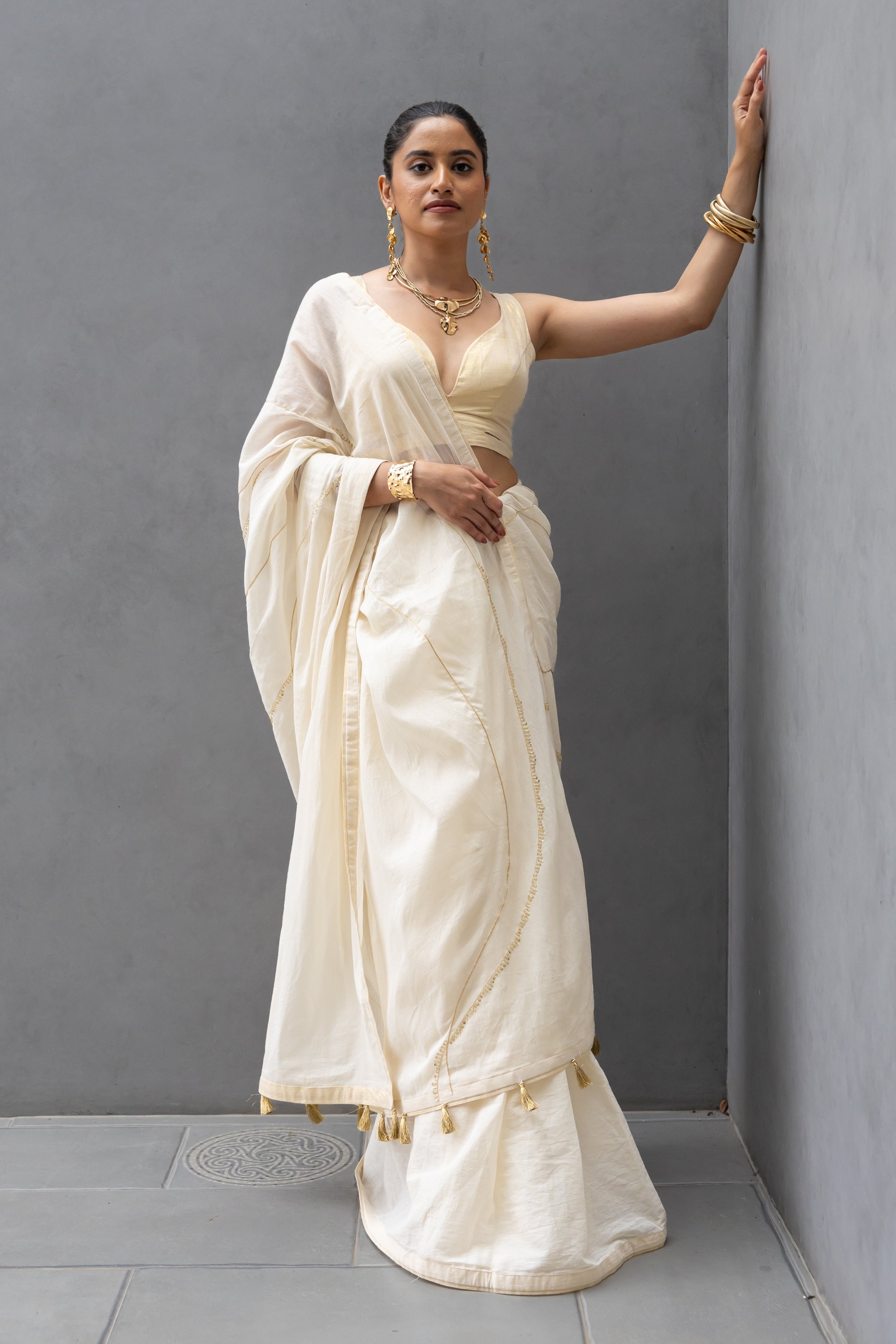 Half White Hand Embroidered Saree